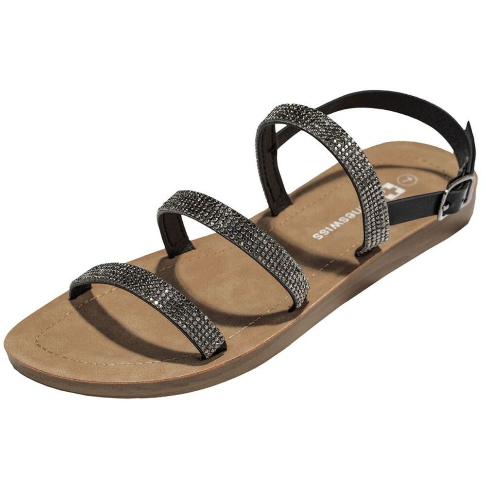 Alpine Swiss Womens Strappy Rhinestone Sandals Gladiator Ankle Strap Flat Shoes